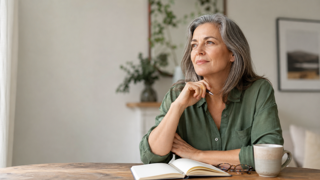 Mujer de mediana edad sentada en una mesa, con expresión serena y reflexiva, en un ambiente luminoso.