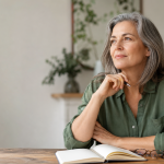 Mujer de mediana edad sentada en una mesa, con expresión serena y reflexiva, en un ambiente luminoso.