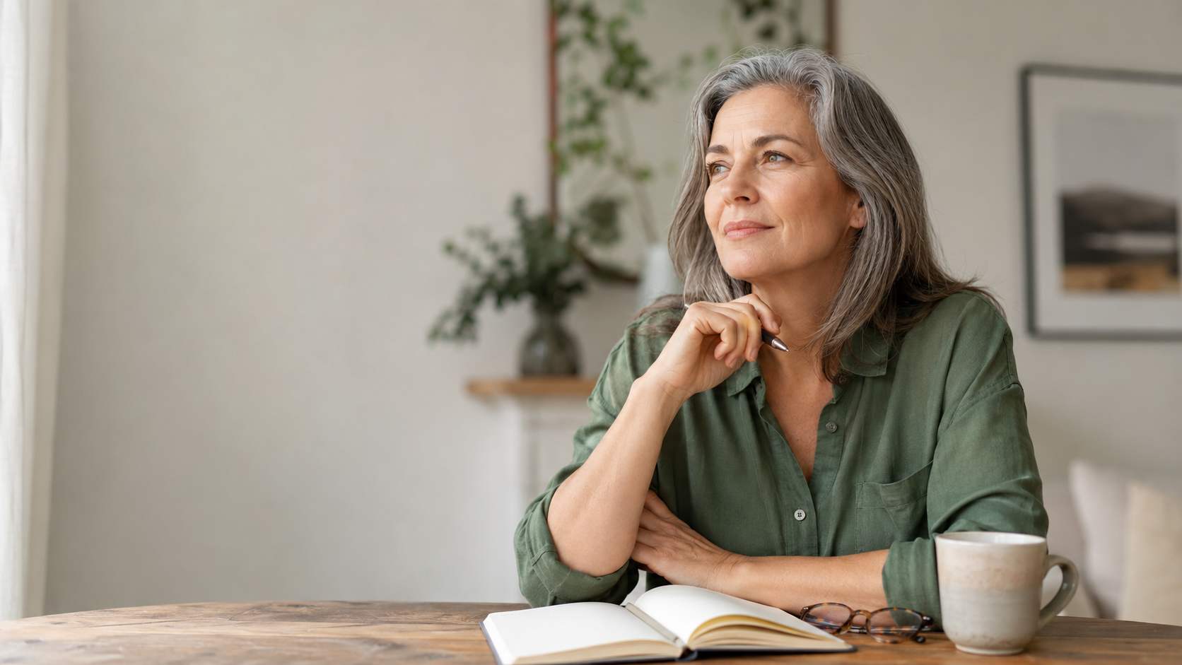 Mujer de mediana edad sentada en una mesa, con expresión serena y reflexiva, en un ambiente luminoso.