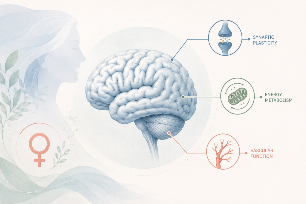 Ilustración de un cerebro con etiquetas sobre plasticidad sináptica, metabolismo energético y función vascular.