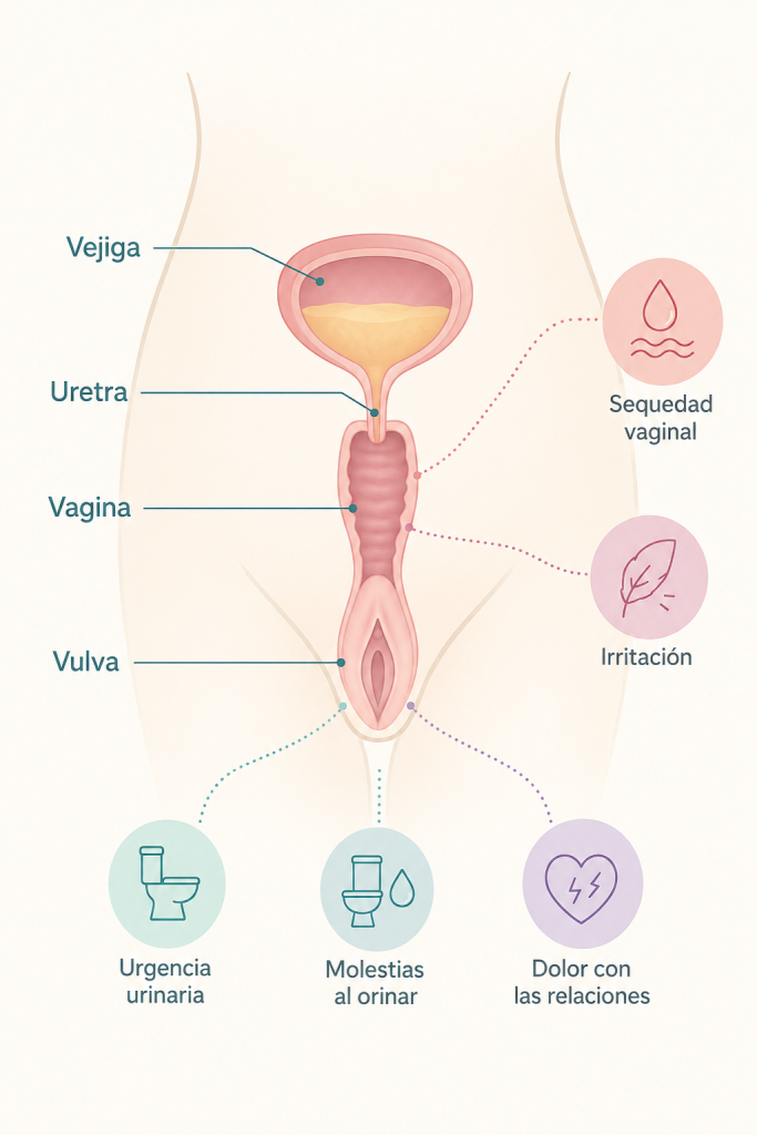 Esquema educativo de la zona vulvovaginal y urinaria relacionado con el síndrome genitourinario de la menopausia.