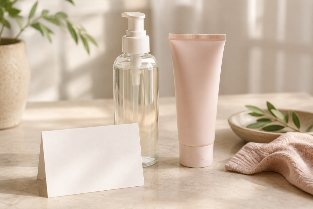 Productos genéricos de autocuidado para la sequedad vaginal junto a un recordatorio de consulta profesional.