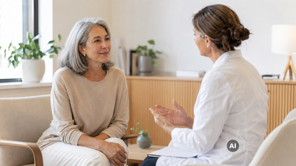Mujer adulta hablando con una profesional sanitaria sobre síntomas íntimos durante la menopausia.